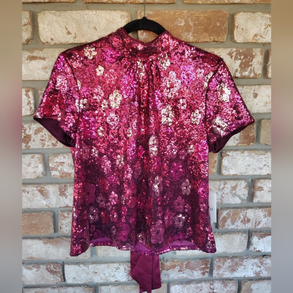 CeCe NWT Mock Neck Sequin Floral Tie Scoop Back Top  M Party Evening Glamoratti